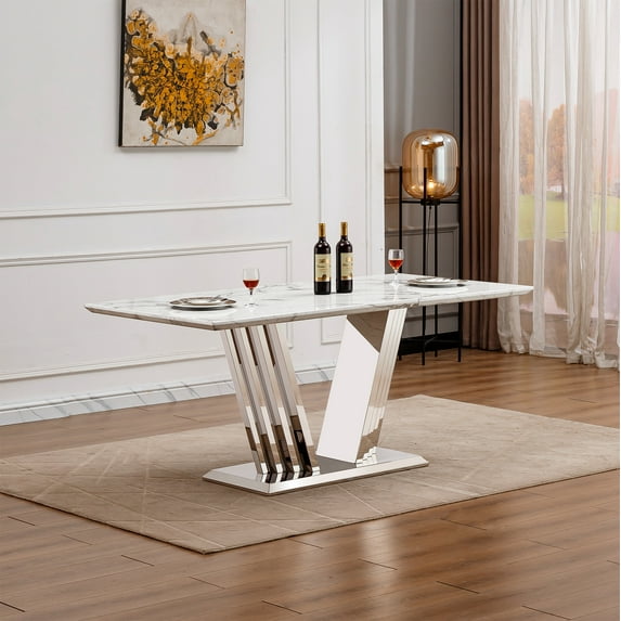 GAKMCIL 70" Rectangle Dining Table for 6-8 People, Modern Faux Marble Kitchen Table with Mirrored Finish Stainless Steel Base, 300lbs Load, Easy Assembly for Dining Room, Kitchen (Silve&White)