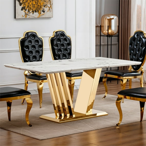 GAKMCIL 70" Rectangle Faux Marble Dining Table for 6-8 People, Kitchen Table with Mirror Polished Stainless Steel Base, Adjustable Non-Slip Feet, 300lbs Load for Kitchen, Dining Room (Gold&White)