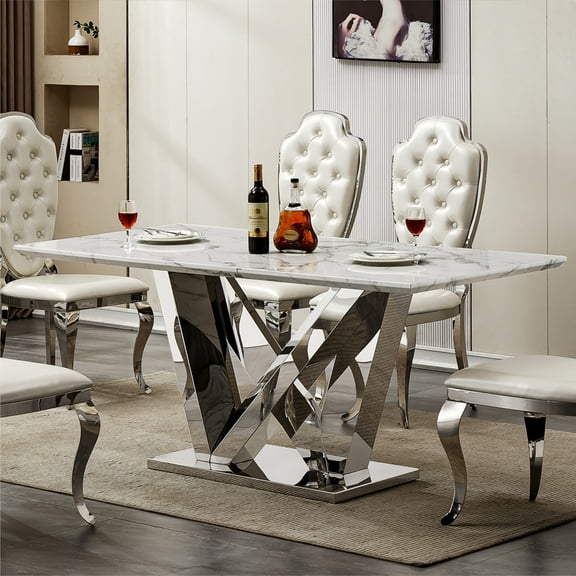 GAKMCIL 70" Rectangle Faux Marble Dining Table for 6-8 People, Kitchen Table with Mirrored Finish Stainless Steel Base, Adjustable Non-Slip Feet, 300lbs Load for Dining Room, Kitchen (Silver&White)