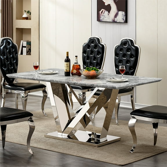 GAKMCIL 70" Rectangle Faux Marble Dining Table for 6-8 People, Kitchen Table with Mirrored Finish Stainless Steel Base, Adjustable Non-Slip Feet, 300lbs Load for Dining Room, Kitchen (Silver&Gray)