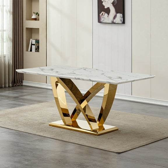 GAKMCIL 70" Rectangle Faux Marble Dining Table for 6-8 People, Modern Kitchen Table with Mirror Polished Stainless Steel Base, 300lbs Load, Easy Assembly for Dining Room, Kitchen (Gold&White)