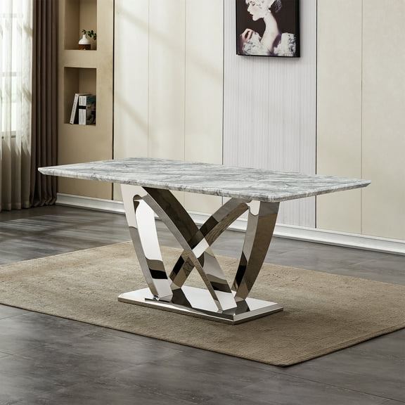GAKMCIL 70" Rectangle Faux Marble Dining Table for 6-8 People, Modern Kitchen Table with Mirror Polished Stainless Steel Base, 300lbs Load, Easy Assembly for Dining Room, Kitchen (Silver&Grey)
