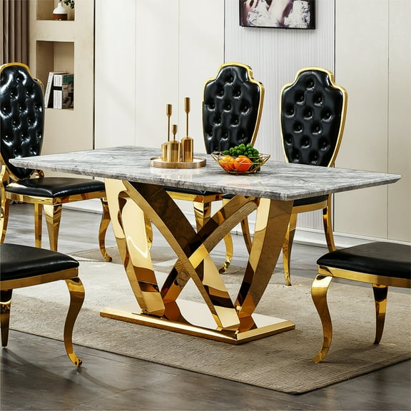 GAKMCIL 70" Rectangle Faux Marble Dining Table for 6-8 People, Modern Kitchen Table with Mirror Polished Stainless Steel Base, Easy Assembly, 300lbs Load for Dining Room, Kitchen, Office (Gold&Grey)