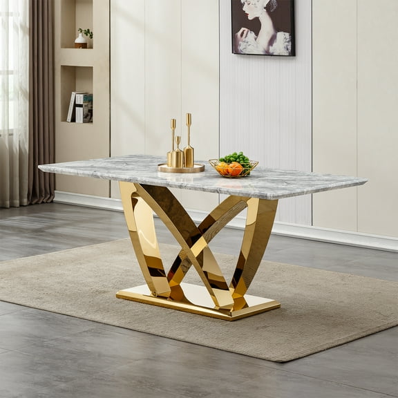 GAKMCIL 70" Rectangle Faux Marble Dining Table for 6-8 People, Modern Kitchen Table with Mirror Polished Stainless Steel Base, 300lbs Load, Easy Assembly for Dining Room, Kitchen (Gold&Grey)