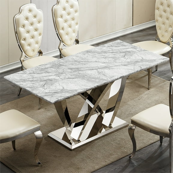 GAKMCIL 70" Rectangle Faux Marble Dining Table for 6-8 People, Modern Kitchen Table with Mirror Polished Stainless Steel Base, Easy Assembly, 300lbs Load for Dining Room, Kitchen (Silver&Grey)
