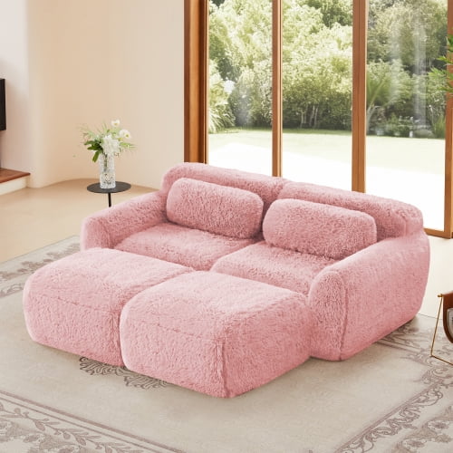 GAKMCIL 80.4" 2 Seater Modular Sectional Sofa Couches with 2 Ottoma,Soft Fluffy Plush Fabric Bottom Anti-Slip Design,32D High Density Sponge Loveseat Sofa(Pink)