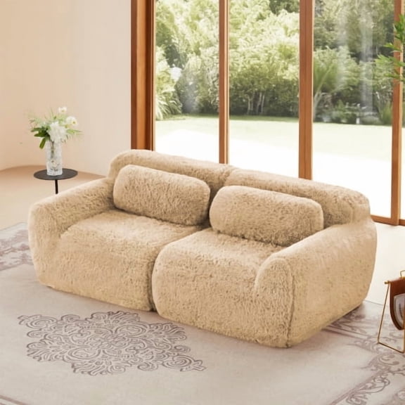 GAKMCIL 80.4" 2 Seater Modular Sectional Sofa Couches,Soft Fluffy Plush Fabric Bottom Anti-Slip Design,32D High Density Sponge Loveseat Sofa(Light Khaki)