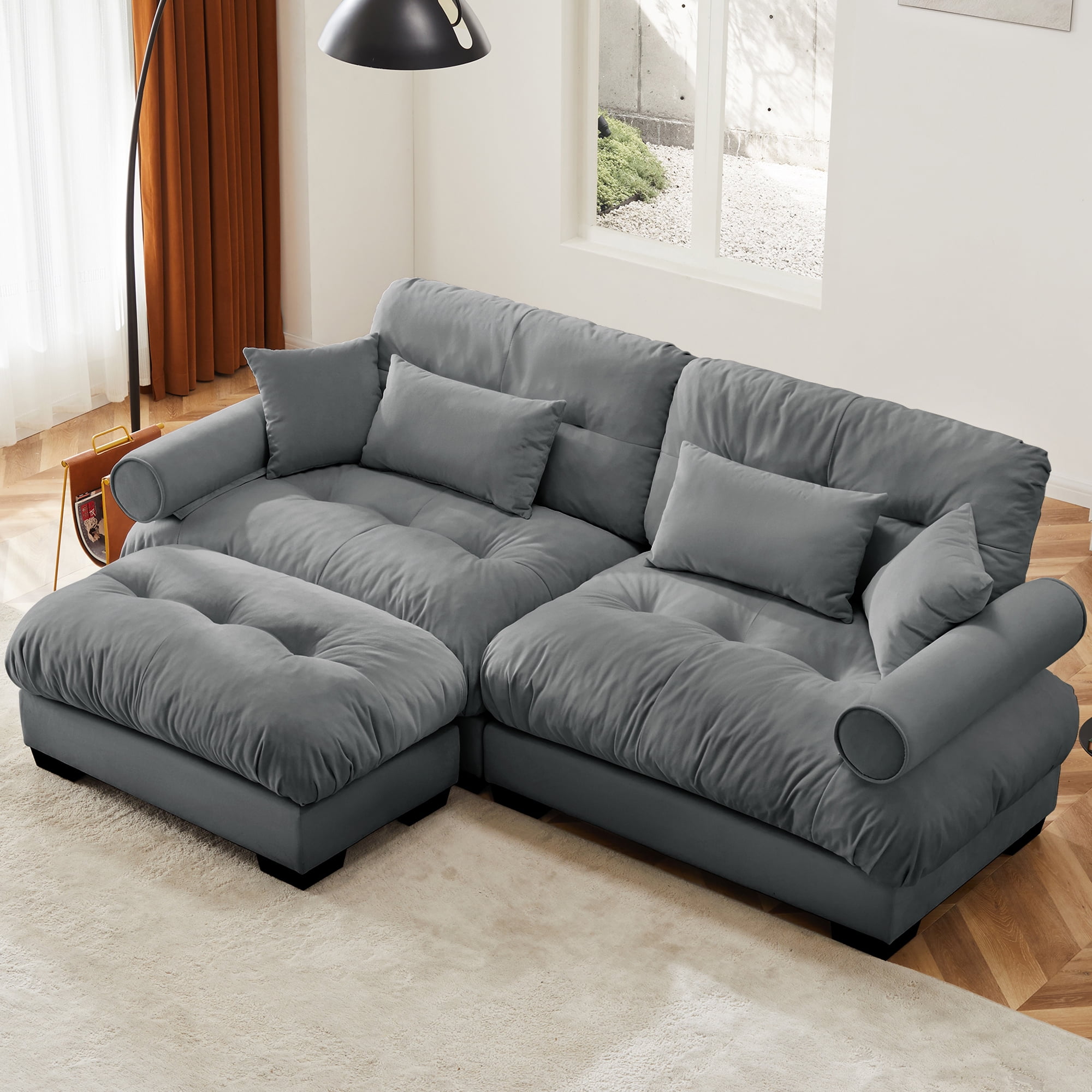GAKMCIL 93.7" Loveseat Sofa, 2 Seater Modular Sectional Sofa, Large U Shaped Sectional Fluffy Couch, Velvet Cloud Couch with 1 Ottoman, Deep Seat Sofas for Living Home