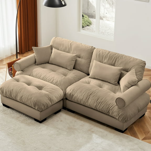GAKMCIL 93.7" Loveseat Sofa, 2 Seater Modular Sectional Sofa, Large U Shaped Sectional Fluffy Couch, Velvet Cloud Couch with 1 Ottoman, Deep Seat Sofas for Living Home