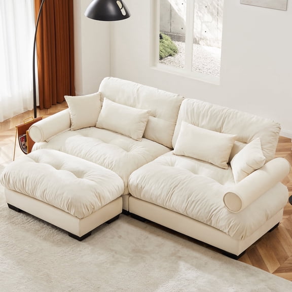 GAKMCIL 93.7" Loveseat Sofa, 2 Seater Modular Sectional Sofa, Large U Shaped Sectional Fluffy Couch, Velvet Cloud Couch with 1 Ottoman, Deep Seat Sofas for Living Home