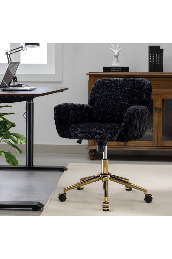 Artificial Alpaca Wool Home Office Chair, Ergonomic Desk Chair, Vanity Chair with 360 ° Swivel, Arm, Golden Metal, Chassis can be Tilted 40°, 300lb Load for Study, Office, Bedroom (Black)