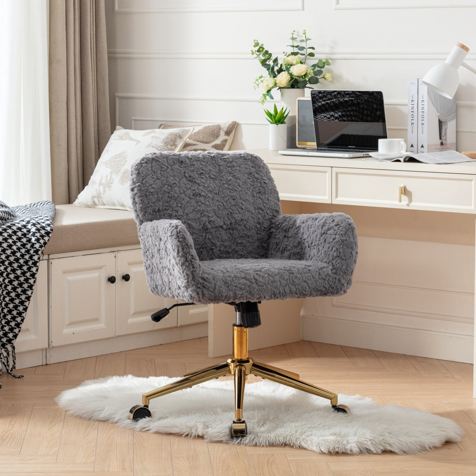GAKMCIL Artificial Alpaca Wool Home Office Chair, Ergonomic Desk Chair, Vanity Chair with 360 ° Swivel, Arm, Golden Metal, Chassis can be Tilted 40°, 300lb Load for Study, Office, Bedroom (Gray)