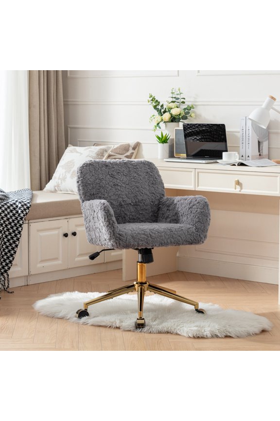 Artificial Alpaca Wool Home Office Chair, Ergonomic Desk Chair, Vanity Chair with 360 ° Swivel, Arm, Golden Metal, Chassis can be Tilted 40°, 300lb Load for Study, Office, Bedroom (Gray)
