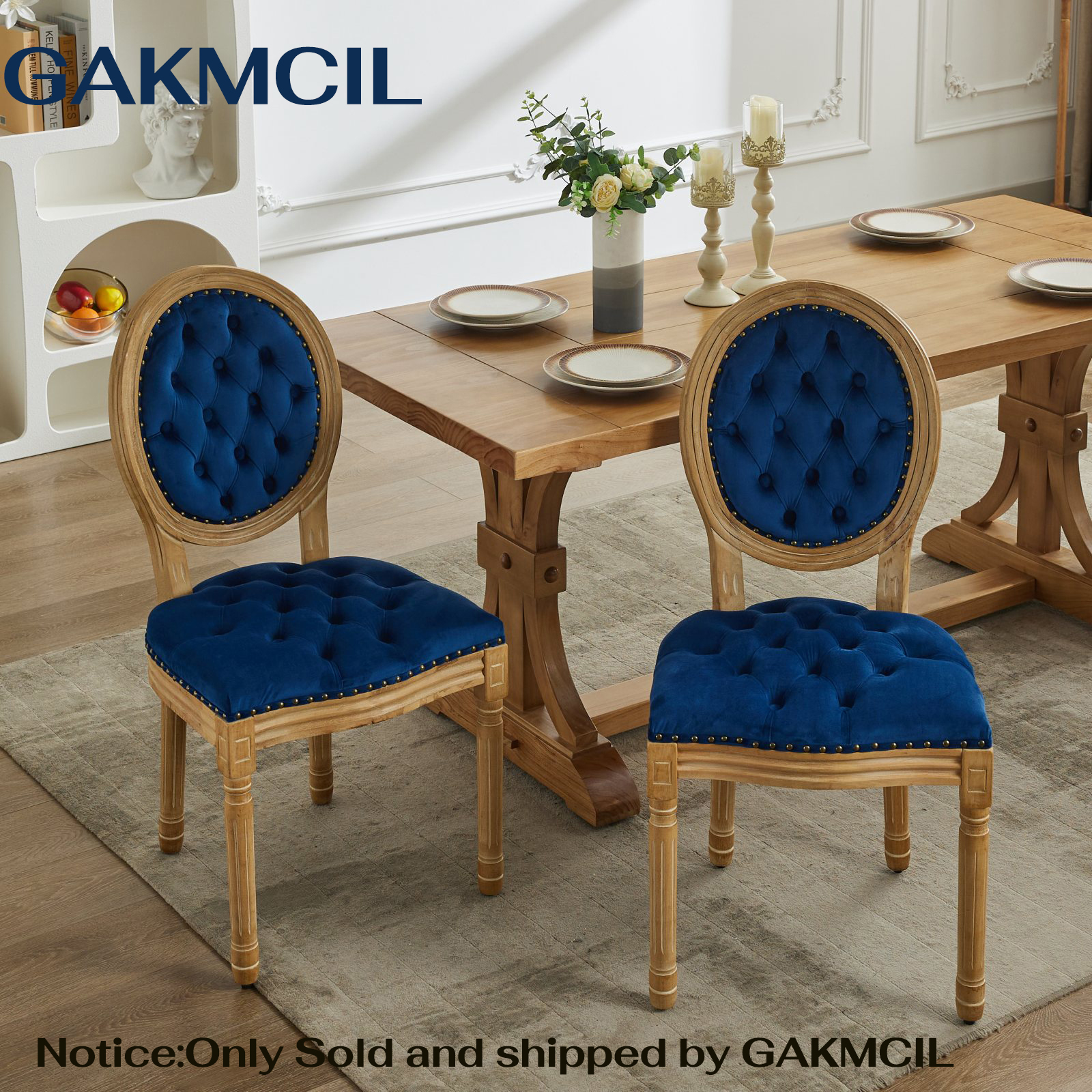 GAKMCIL French Vintage Velvet Dining Chairs (Set of 2), Comfy Button Tufted Dining Chairs with Nailhead Trims and Solid Wood Legs, Weight Capacity 350lb for Dining Room, Kitchen and Café (Blue)