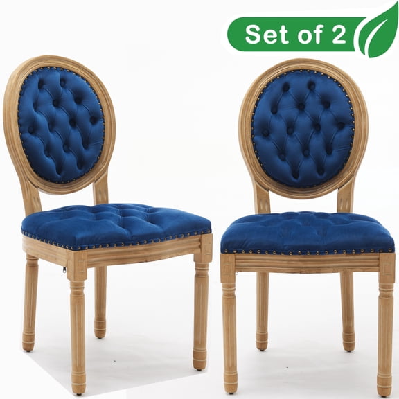 GAKMCIL French Vintage Velvet Dining Chairs (Set of 2), Comfy Button Tufted Dining Chairs with Nailhead Trims and Solid Wood Legs, Weight Capacity 350lb for Dining Room, Kitchen and Café (Blue)