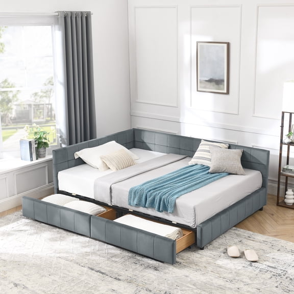 GAKMCIL Full Size Upholstered Tufted Bed Frame,Sofa Velvet Bed Frame with Comfortable Backrest and Armrests,Daybed for Bedroom, Living Room Grey(80.5''*59''*29.5'')
