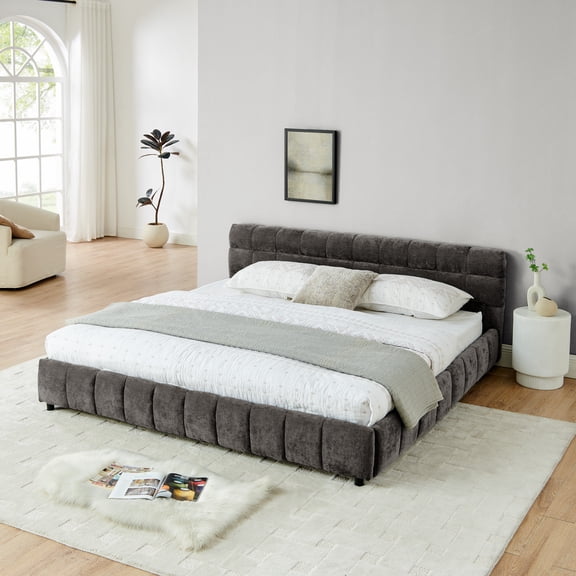 GAKMCIL King size Bed Frame with Thick Fabric,Upholstered Bed Frame with Headboard and Solid Frame. No Box Spring Needed Dark Gray(88.5''*68.5''*31'')