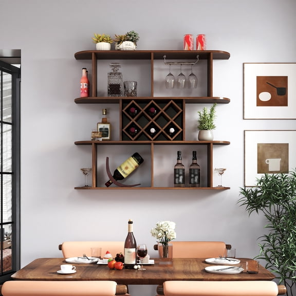 GAKMCIL Large 3-Tier Wall Mounted Wooden Wine Rack with Wine Glass Holder,Multifunctional Storage for Home Bar&Dining Room Decor,Space-Saving Cabinet Alternative,Durable and Easy to Maintain(Walnut)