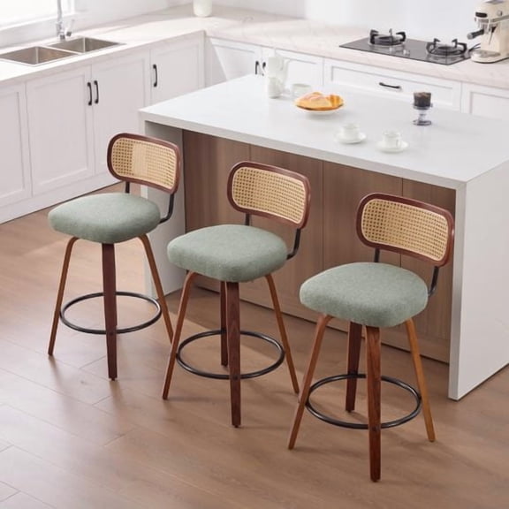 GAKMCIL Linen Upholstered Swivel Counter Height Bar Stools (Set of 3) with Walnut Back, Bentwood Legs, Metal Footstool, Weight Capacity 350lbs for Kitchen, Dining Room, Pub, Cafe (Light Green)