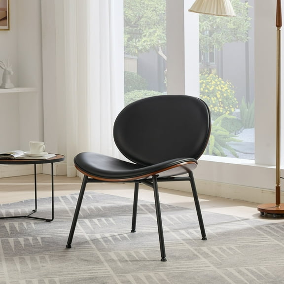 GAKMCIL Mid-Century Modern PU Leather Upholstered Shell Accent Single Chairs with Walnut Finish, Comfortable Backrest, Metal and Wood Frame, 350lbs Load for Living Room, Bedroom, 0ffice (Black)