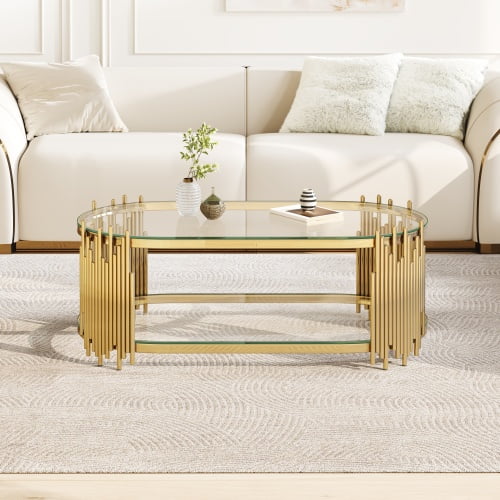 Modern Luxury Gold Oval Coffee Table 47", 2 Tier Tempered Glass Shelves, Unique Organ Pipe Design, Shiny Stainless Steel Frame, Living Room Center Table (47" x 23.6" x 17.7")(Clear+Gold)