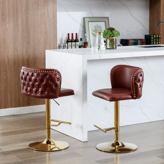 GAKMCIL Modern PU Upholstered Swivel Bar Stools with Adjustable Counter Seat Height, Footrest, Golden Metal Chrome Base, Rivets Trim, 300lbs Load for Home Pub, Kitchen Island (Set of 2, Burgundy)