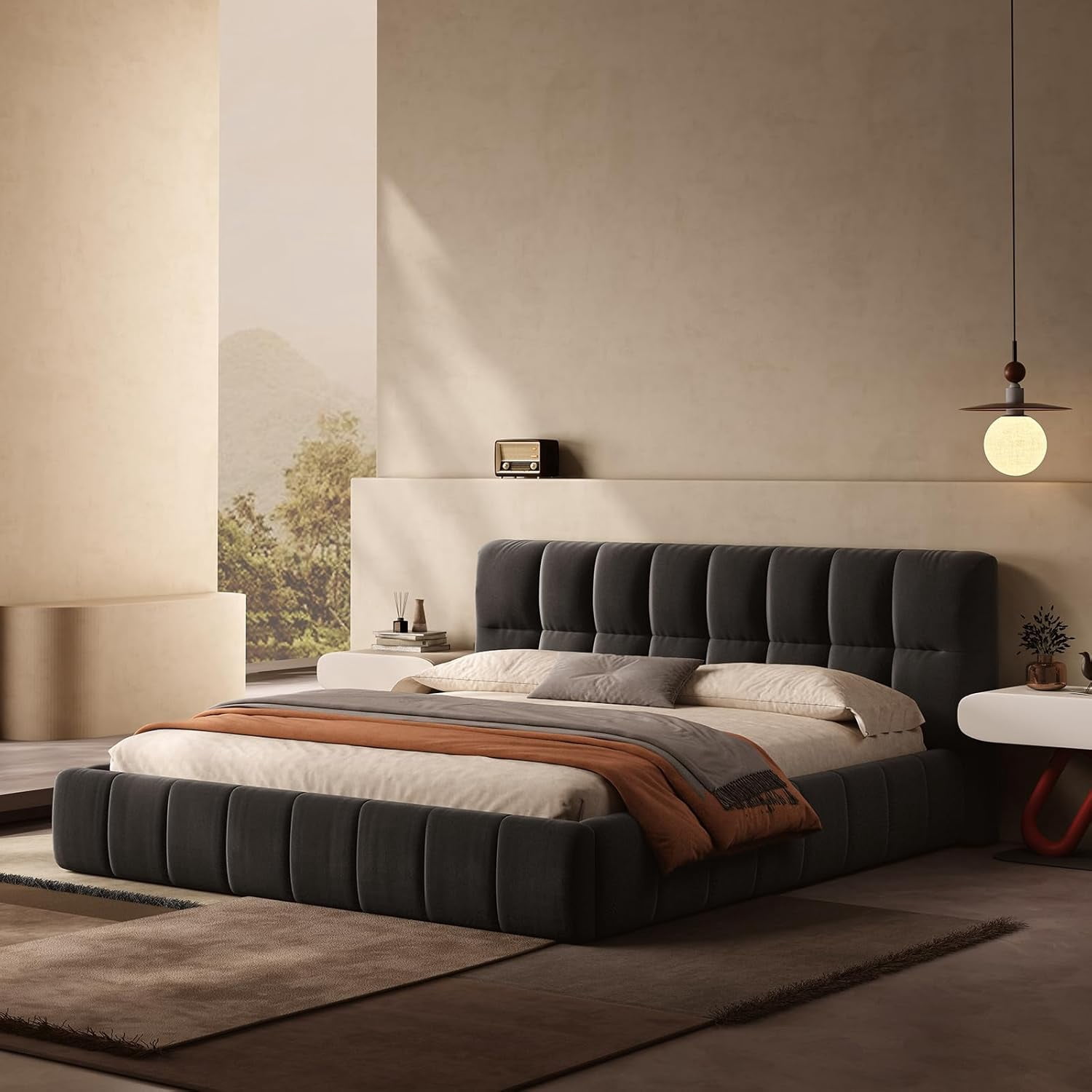 GAKMCIL Modern Queen Size Bed Frame, Chenille Fabric Grounded Queen Size Low Platform Bed with Headboard and Thick Fabric, Easy Assembly, No Box Spring Needed (Gray  68''*86.5''*23.5'')