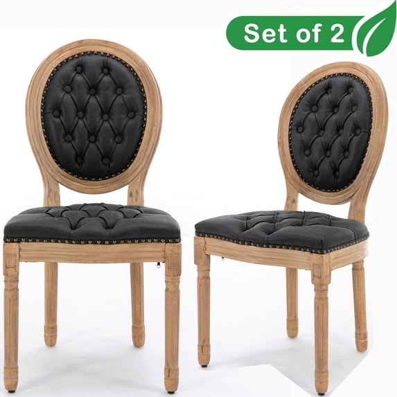 GAKMCIL PU Faux Leather Dining Chair with French Solid Wood Frame, Hand Pull Button Decoration, Nailed Headdress Edge, Density Foam, Steel Spring Lining, Weight Capacity:300lb, Black (Set of 2)