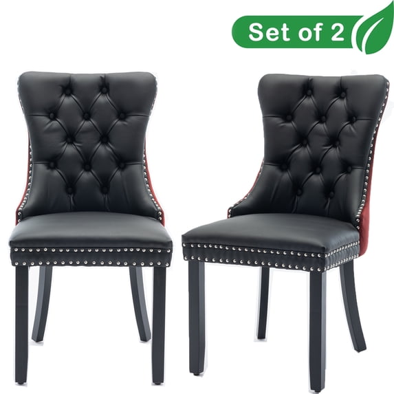 GAKMCIL PU Leather Dining Chairs(Set of 2),Modern Velvet Dining Chair with Nailhead Back and Ring Pull Trim,Solid Wood Legs,350lb Load for Dining Room,Kitchen and Living Room(Black&Burgundy)