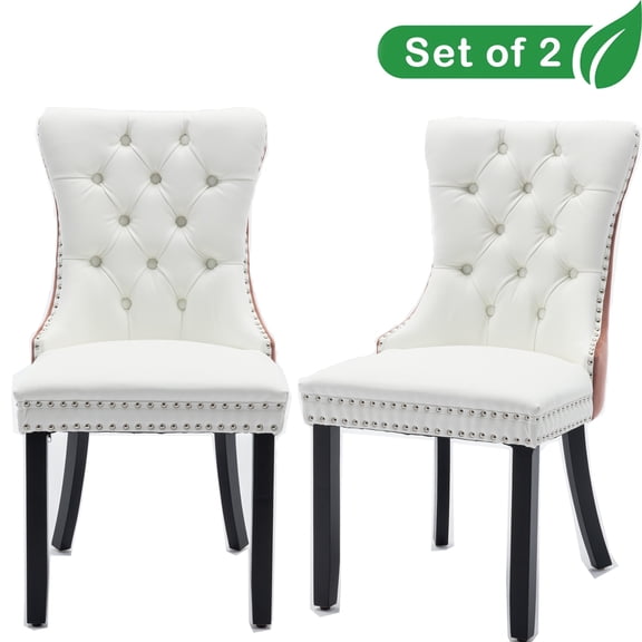 GAKMCIL PU Leather Dining Chairs(Set of 2),Modern Velvet Wood Dining Chair with Nailhead Back and Ring Pull Trim,Solid Wood Legs,350lb Load for Dining Room,Kitchen and Living Room(White&Pink)