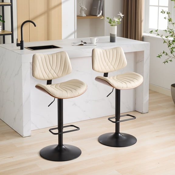 GAKMCIL PU Leather Upholstered Bar Stools, Mid Century Modern Walnut Bentwood Bar Chairs with Adjustable Counter Height, 360° Swivel for Kitchen, Dining Room, Pub, Cafe (2 Chairs, Beige)