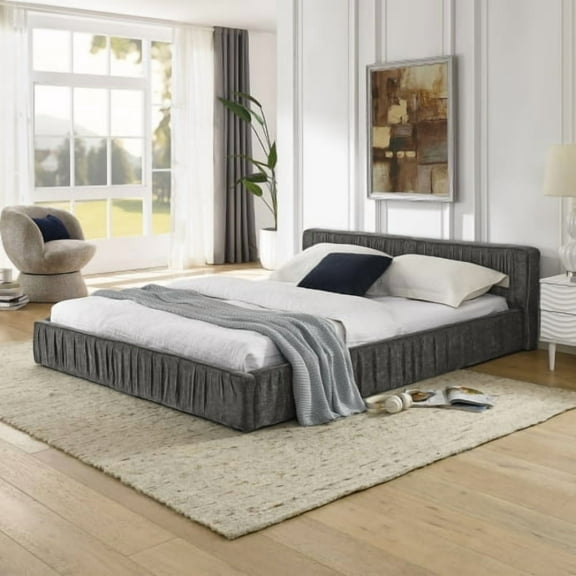 GAKMCIL Queen Size Upholstered Bed Frame with Chenille fabric/Pleated Design,Grounded Queen Size Platform Bed with Headboard and Solid Frame. No Box Spring Needed-Dark Grey(88"*67"*23.5")