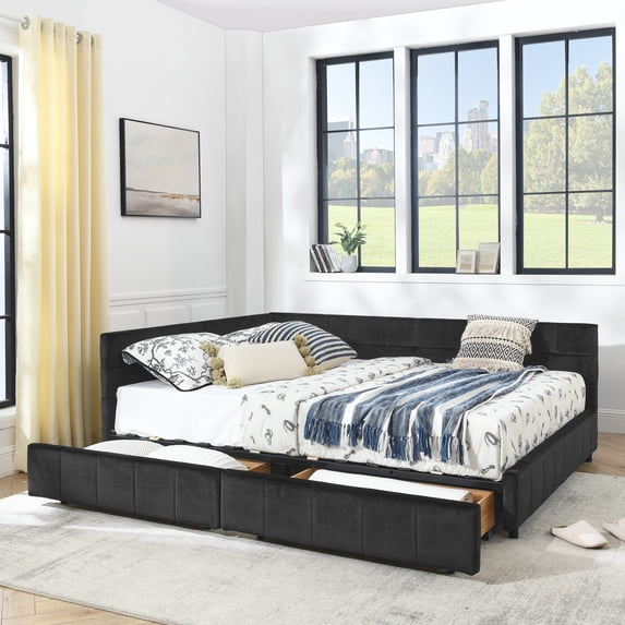GAKMCIL Queen Size Upholstered Tufted Bed Frame,Sofa Velvet Bed Frame with Comfortable Backrest and Armrests,Daybed for Bedroom, Living Room Black(85.5''*64.5''*29.5'')