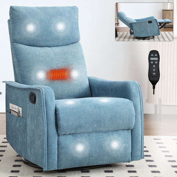GAKMCIL Recliner Chair with Heat & 8-Point Vibration Massage, 360° Manual Swivel Rocker Chair for Elderly, Medium Size Recliner Sofa, 350 lbs Capacity, 15/30/60 Min Timer, Easy Assembly, Blue