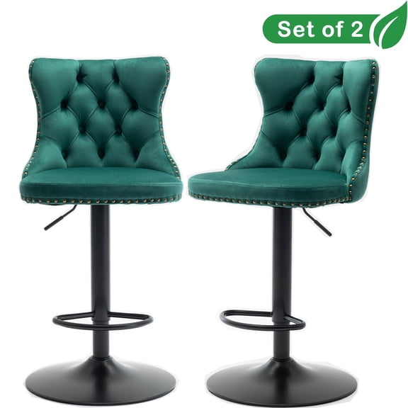 GAKMCIL Swivel Velvet Upholstered Barstools with 25-33in Adjustatble Seat Height, 360°Swivel, Footrest, Black Chrome base, Comfy Tufted, 300lb Load for Home Pub, Kitchen Island (Set of 2, Green)