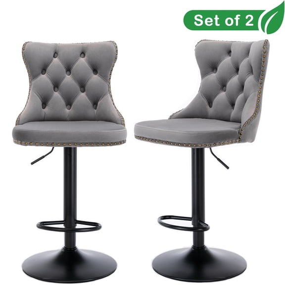 GAKMCIL Swivel Velvet Upholstered Barstools with 25-33in Adjustatble Seat Height, 360°Swivel, Footrest, Black Chrome base, Comfy Tufted, 300lb Load for Home Pub, Kitchen Island (Set of 2, Gray)