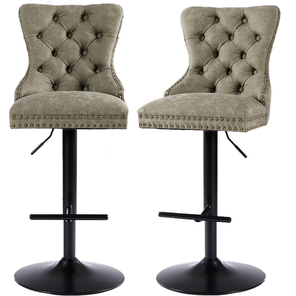 GAKMCIL Thick Black Swivel PU Leather Barstools,Modern Upholstered Bar Stools with Adjustable Seat Height from 27-35in,Backs Tufted,270lb Load for Home Pub,Kitchen Island(Set of 2,Olive Green)