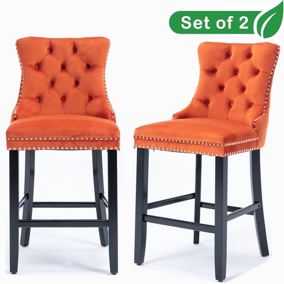 GAKMCIL Velvet Barstools, Leisure Upholstered Height Bar Stools (Set of 2) with Button Tufted Decoration, Wooden Legs, Chrome Nailhead Trim, 300lbs Load for Home Pub and Kitchen Island (Orange)