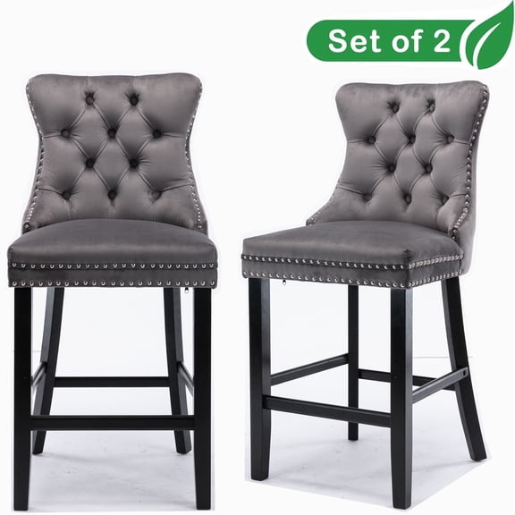 GAKMCIL Velvet Barstools, Leisure Upholstered Height Bar Stools (Set of 2) with Button Tufted Decoration, Wooden Legs, Chrome Nailhead Trim, 300lbs Load for Home Pub and Kitchen Island (Gray)