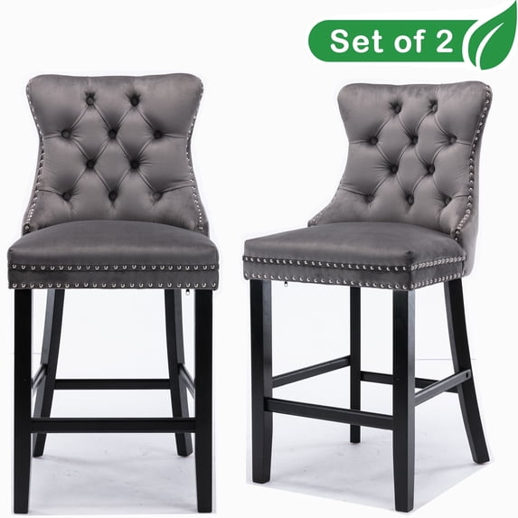 GAKMCIL Velvet Barstools, Leisure Upholstered Height Bar Stools (Set of 2) with Button Tufted Decoration, Wooden Legs, Chrome Nailhead Trim, 300lbs Load for Home Pub and Kitchen Island (Gray)