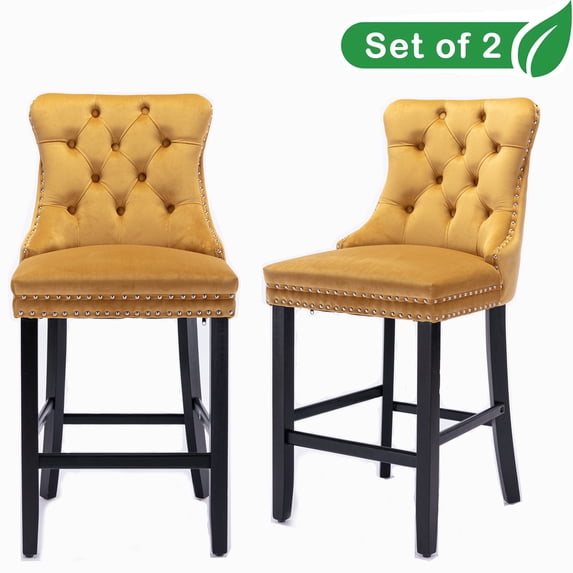 GAKMCIL Velvet Barstools, Leisure Upholstered Height Bar Stools (Set of 2) with Button Tufted Decoration, Wooden Legs, Chrome Nailhead Trim, 300lbs Load for Home Pub and Kitchen Island (Gold)