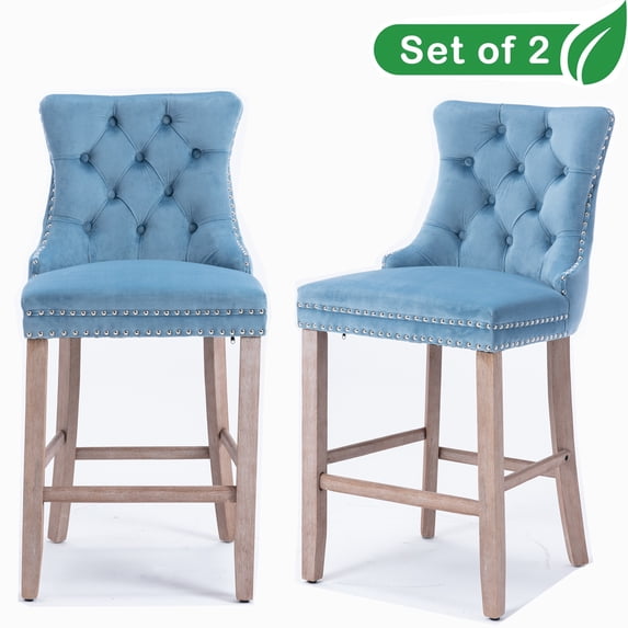 GAKMCIL Velvet Barstools, Leisure Upholstered Height Bar Stools (Set of 2) with Button Tufted Decoration, Wooden Legs, Chrome Nailhead Trim, 300lbs Load for Home Pub and Kitchen Island (Light Blue)