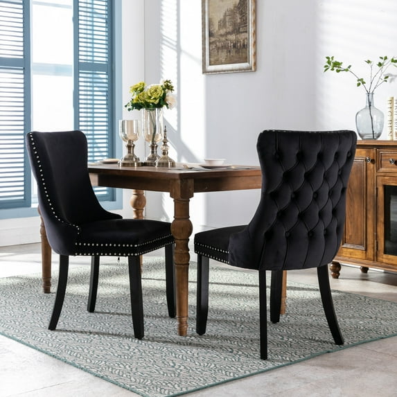 GAKMCIL Velvet Dining Chair (Set of 2), Comfy Upholstered Wing-Back Dining Chairs with Nailhead Back and Solid Wood Legs, Weight Capacity 330lb Load for Dining Room and Kitchen (Black)