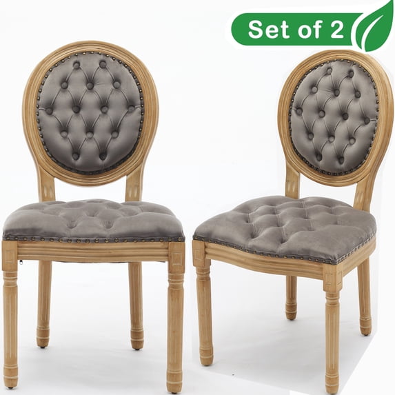 GAKMCIL Velvet artificial leather Dining Chair with French Solid Wood Frame,Hand Pull Button Decoration,Nailed Headdress Edge,Density Foam,Steel Spring Lining,Weight Capacity:300lb, Gray (Set of 2)