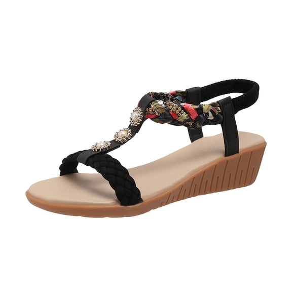 Samickarr Summer Sandals For Women Indoor And Outdoor Wide Women's Fish-mouth Slip-on Slope Heel Shoes Casual Bohemian Rhinestone Roman Sandals