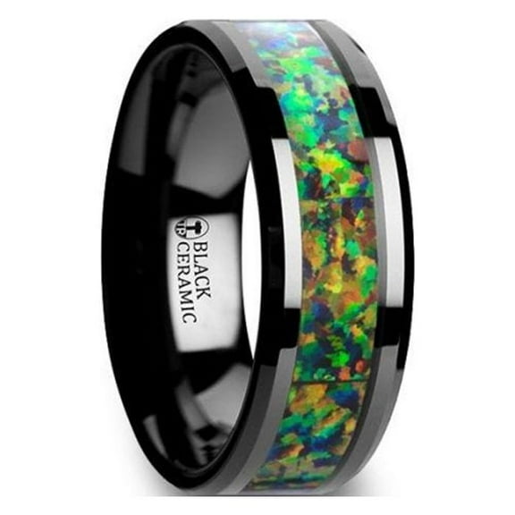 GALACTIC Black Ceramic Wedding Band with Beveled Edges and Blue & Orange Opal Inlay - 8mm