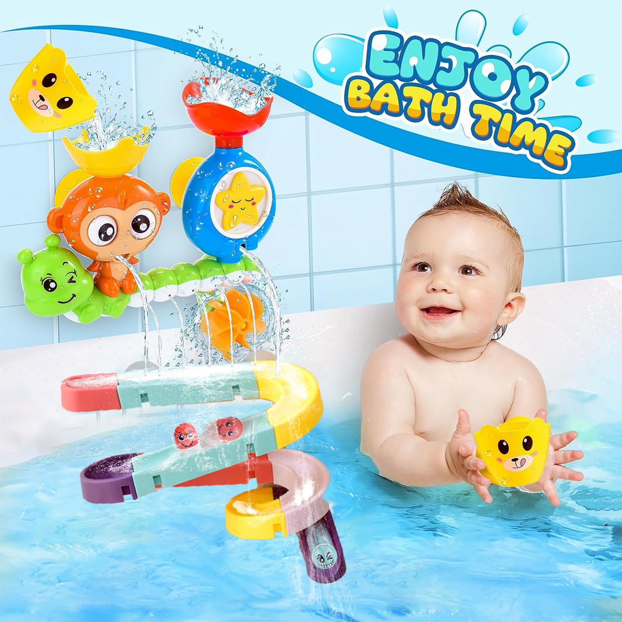 GALAFOKI Bath Toys for Toddlers, Bath Toys with 2 Tier DIY Water Slide