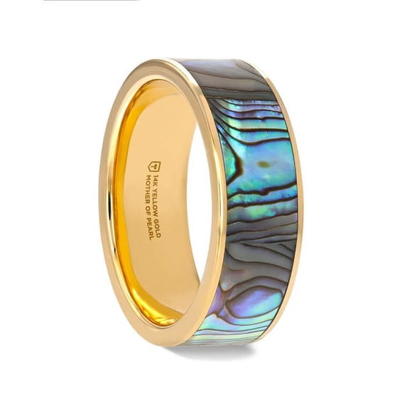 GALAN Flat 14K Yellow Gold with Mother of Pearl Inlay and Polished Edges - 8mm - Size 10