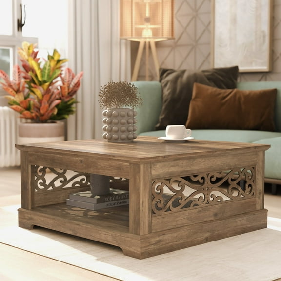 GALANO Heron Mission 34.8 in. Knotty Oak Wood Top Square Coffee Table