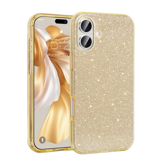 GALAPROX Bling Gillter Design for iPhone 16 Plus Case 6.7'' 2024, Stylish Sparkle Cover for Girls Women -Gold